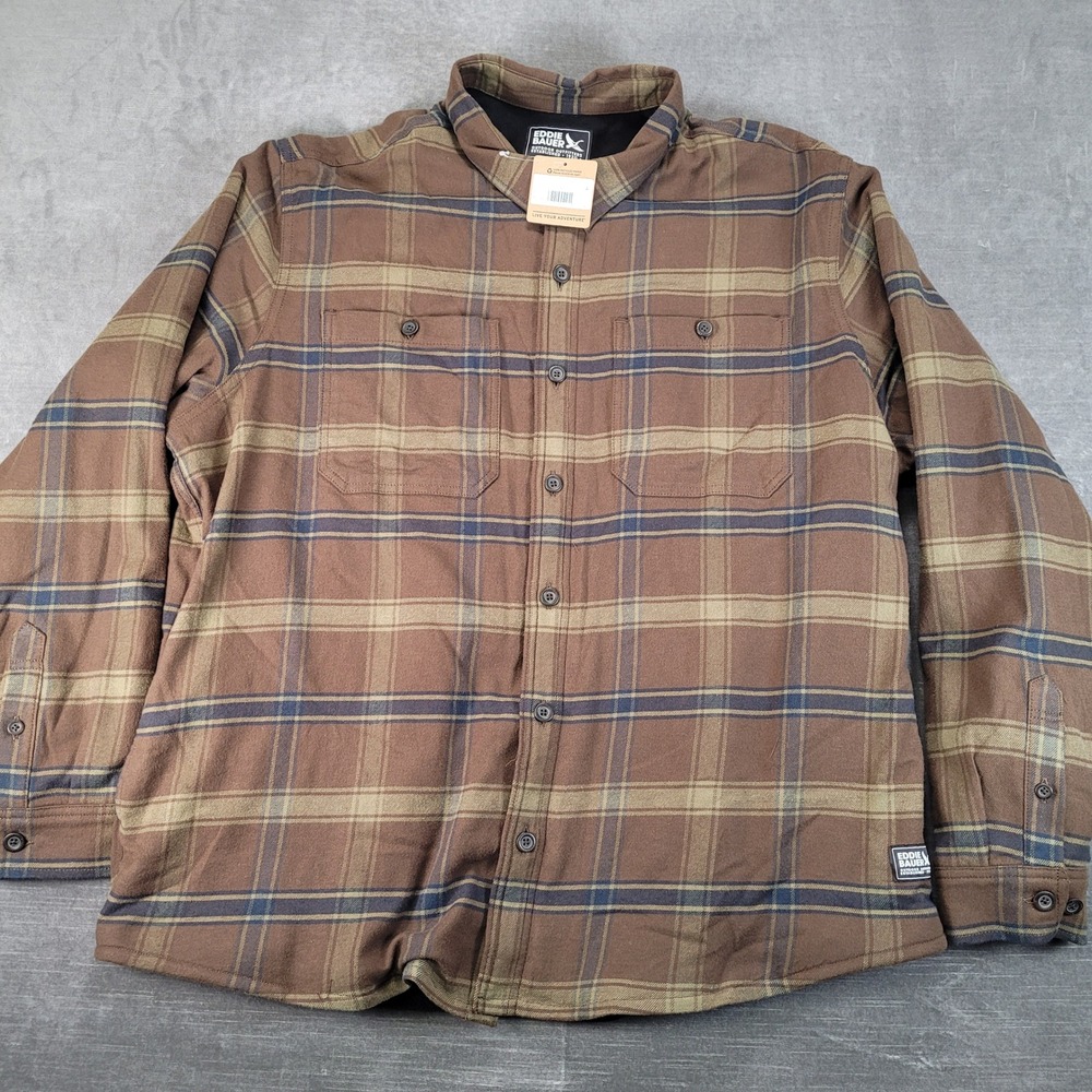 Eddie‎ Bauer Field Fleece Shirt Mens XXL Dk Oak Plaid Long Sleeve Button Up
